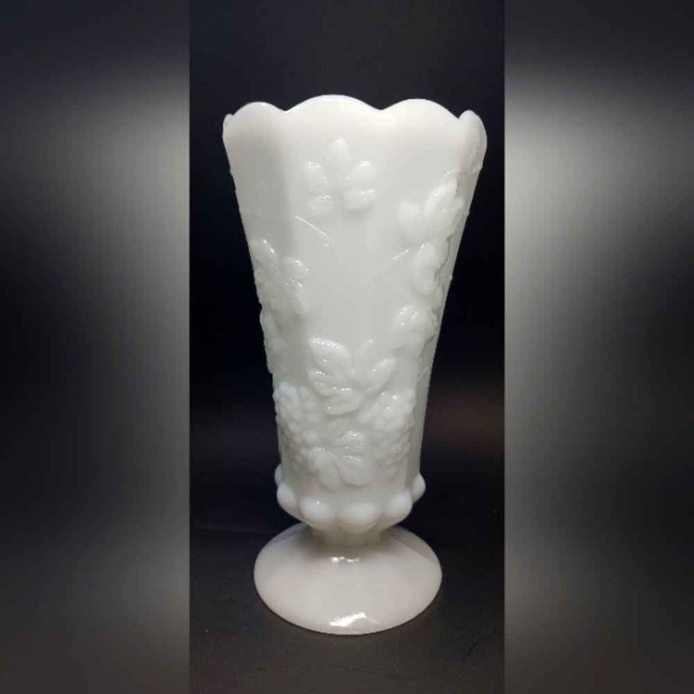 Large Westmoreland Milk Glass Vase With Embossed Grapes Leaves Design Scalloped
